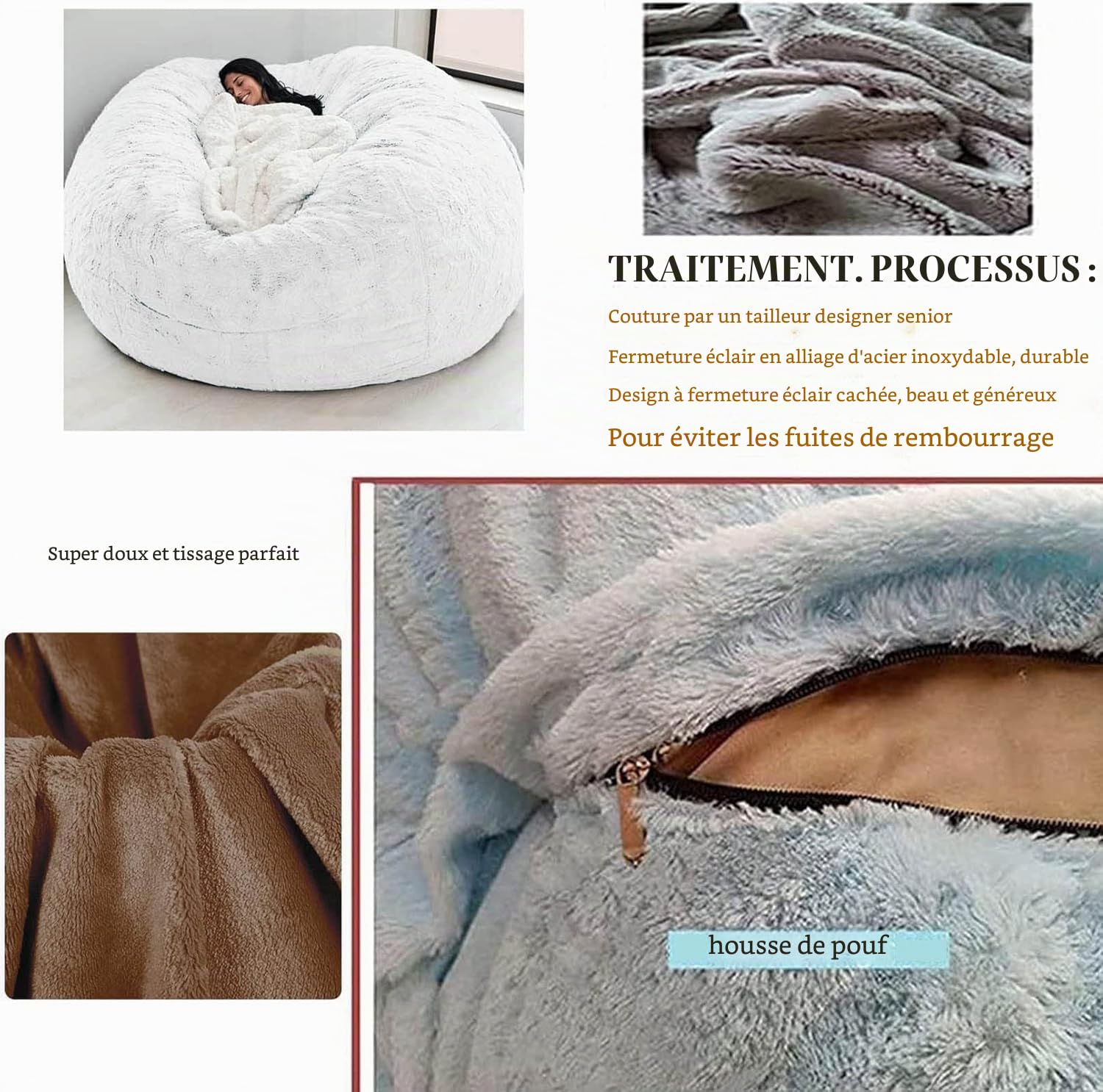 Pouf géant en Fourrure pour Meubles de Salon Adulte Grand Rond Doux et Moelleux en Fausse Fourrure (sans Rembourrage) Housse de canapé-lit Paresseux (Couleur: Noir, Taille: 5.5ft)