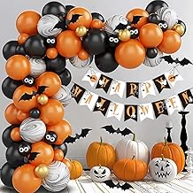 Halloween Balloons Arch Kit,81P Halloween Balloon Garland Kit with Happy Halloween Banner 3D Bat Metallic Chrome Gold Balloons Marble Balloon Orange Black Balloons for Kids Halloween Party Decorations