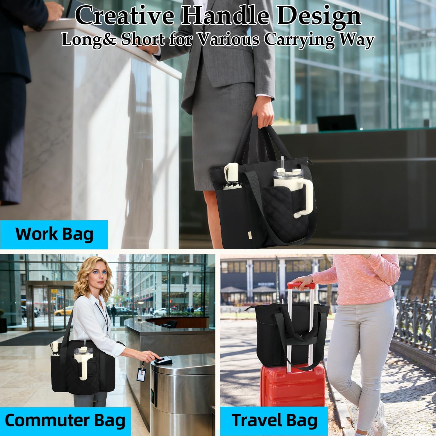 Work Tote Bag for Women with Large Front Cup Holder& 15.6 Inch Laptop Compartment, Lightweight Puffer Laptop Tote Bag with Long& Short Handle for Teacher Nurse Office Supplies Organizer (Black) - Image 2