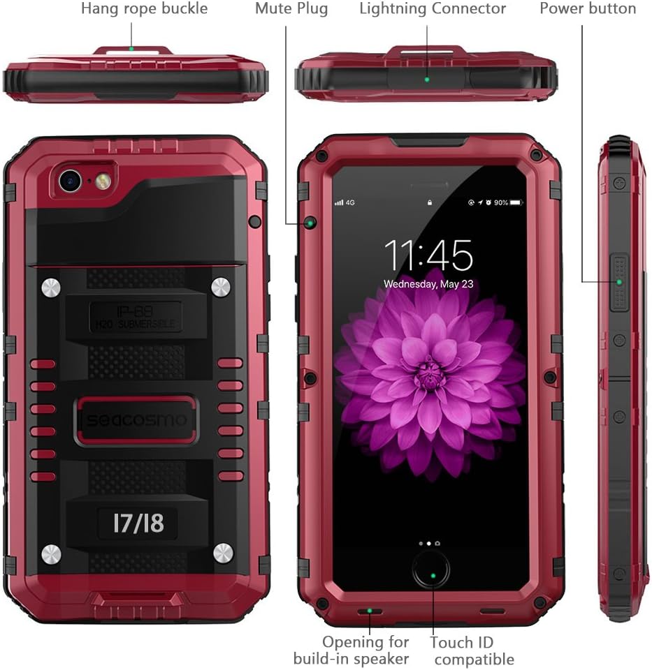 seacosmo Case for iPhone SE 2020, iPhone 7/8 Waterproof, Full Body Protective Shell with Built-in Screen Protector, Military Grade Rugged Heavy Duty Cover, Red