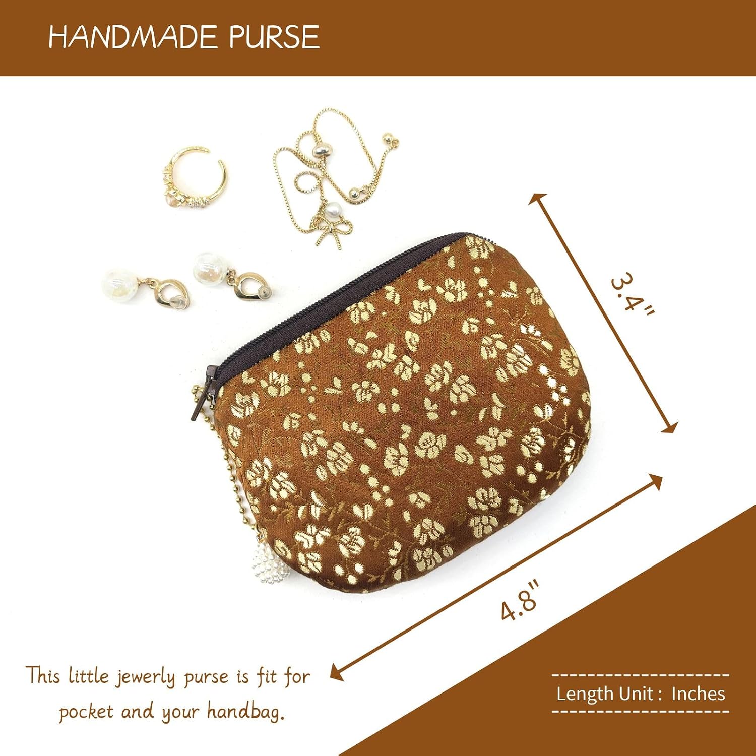 Handmade Women Coin Purse Rosary Pouch Silk Jewelry Bag Brocade Zipper Wallet - Brown