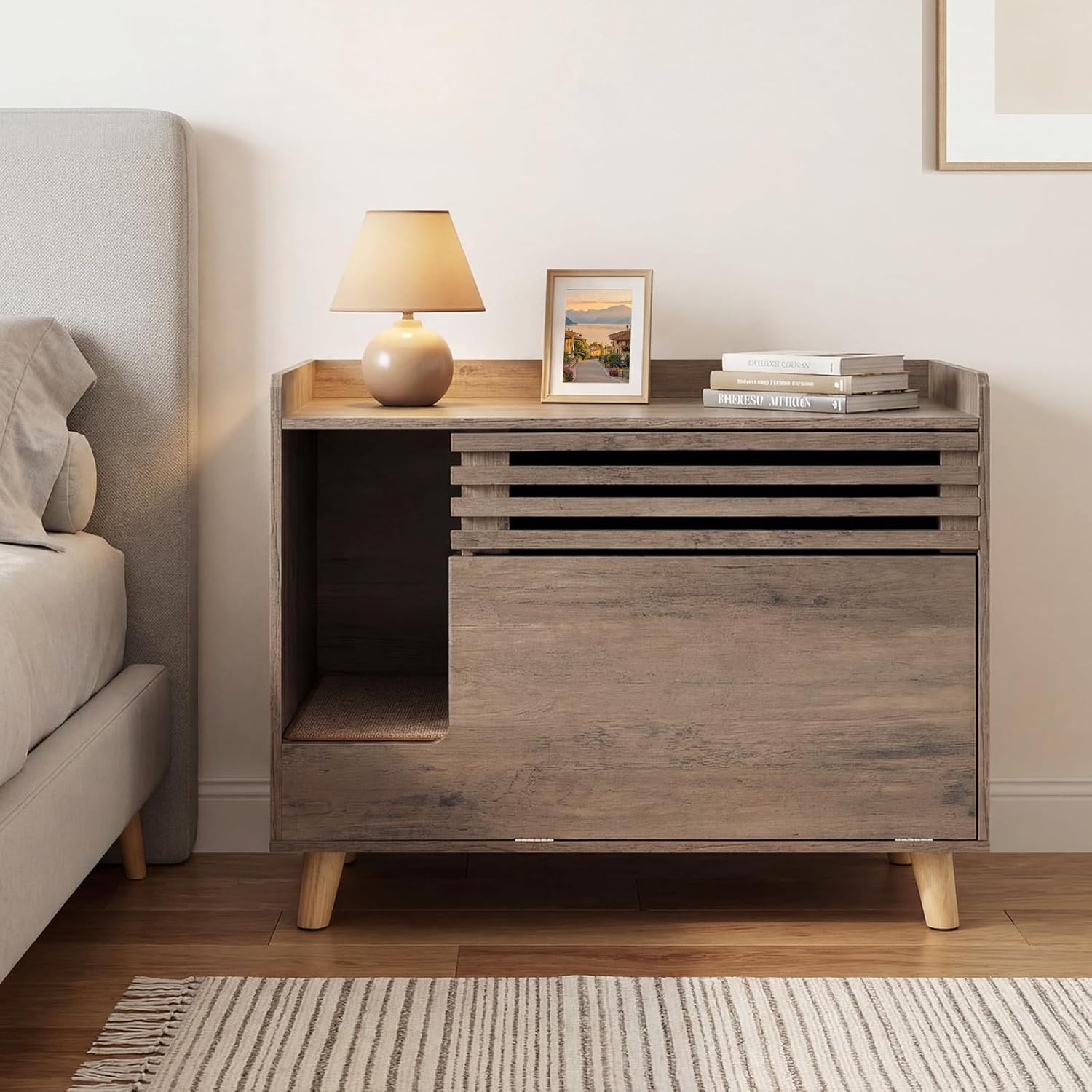 PETSITE Farmhouse Cat Litter Box Enclosure, Hidden Litter Box Furniture with Flip-Down Opening Door, Scratching Mat, Storage, 31.5" Wooden Cat Washroom Cabinet Side End Table for Indoor Cats