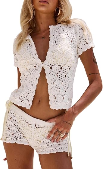 Women Crochet Hollow Out Top Shorts Set Cardigan Crop Tops 2 Piece Bikini Coverup Summer Vacation Oufits Beachwear