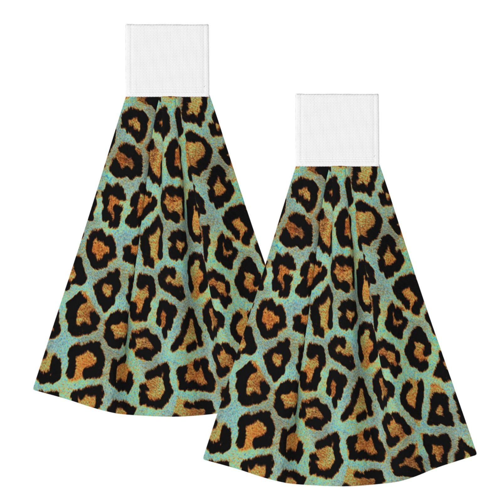 DOPKLNA Teal Leopard Chic Animal Print, 2 Pcs Hanging Coral Fiber Hand Towels for Bathroom, Absorbent Kitchen Towels