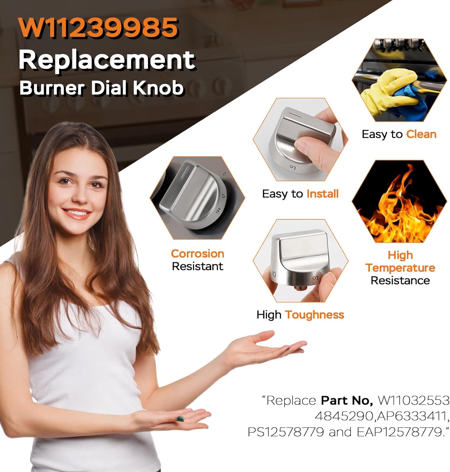 Upgraded W11239985 Stove Knob Replacement Compatible with Whirlpool Gas Ranges WFG525S0HZ1 WFG550S0HZ0 WFG525S0HZ0 WFG525S0JV0, W11032553, Replace 4845290 AP6333411 PS12578779 EAP12578779, Pack of 5