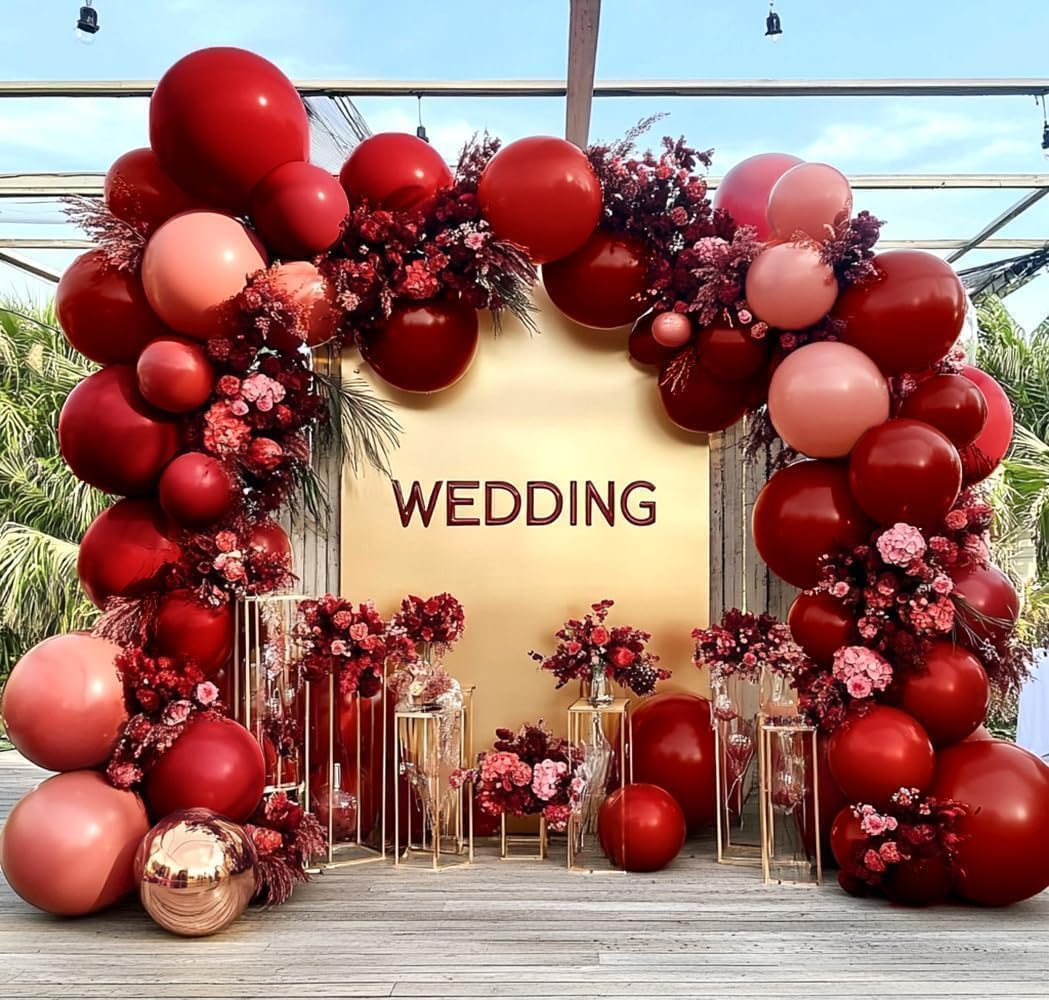 Red Pink Balloon Garland Double Stuffed Burgundy Pink Balloons Dark Red Maroon Rose Gold Balloon Arch Kit for Birthday Bridal Wedding Birthday Mother's Day Graduation Party Decoration