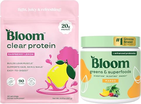 Bloom Raspberry Lemonade Clear Protein and Mango Greens Powder Bundle