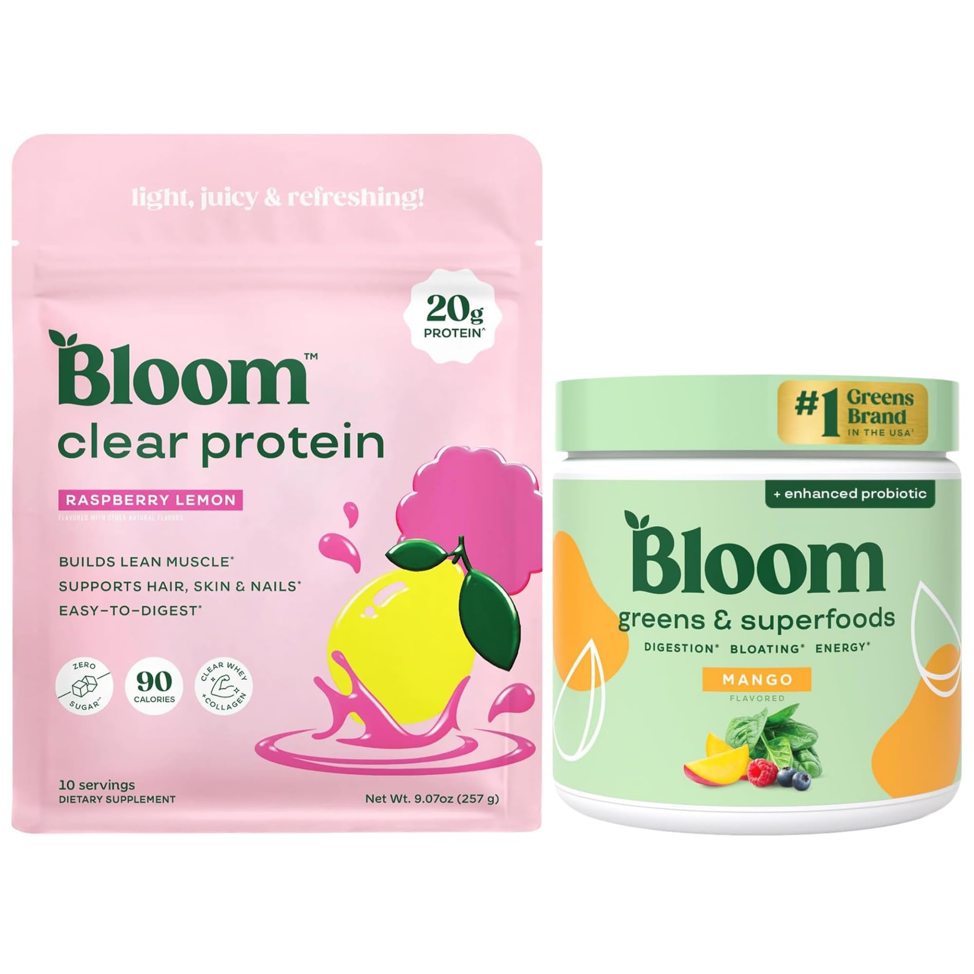 Bloom Raspberry Lemonade Clear Protein and Mango Greens Powder Bundle