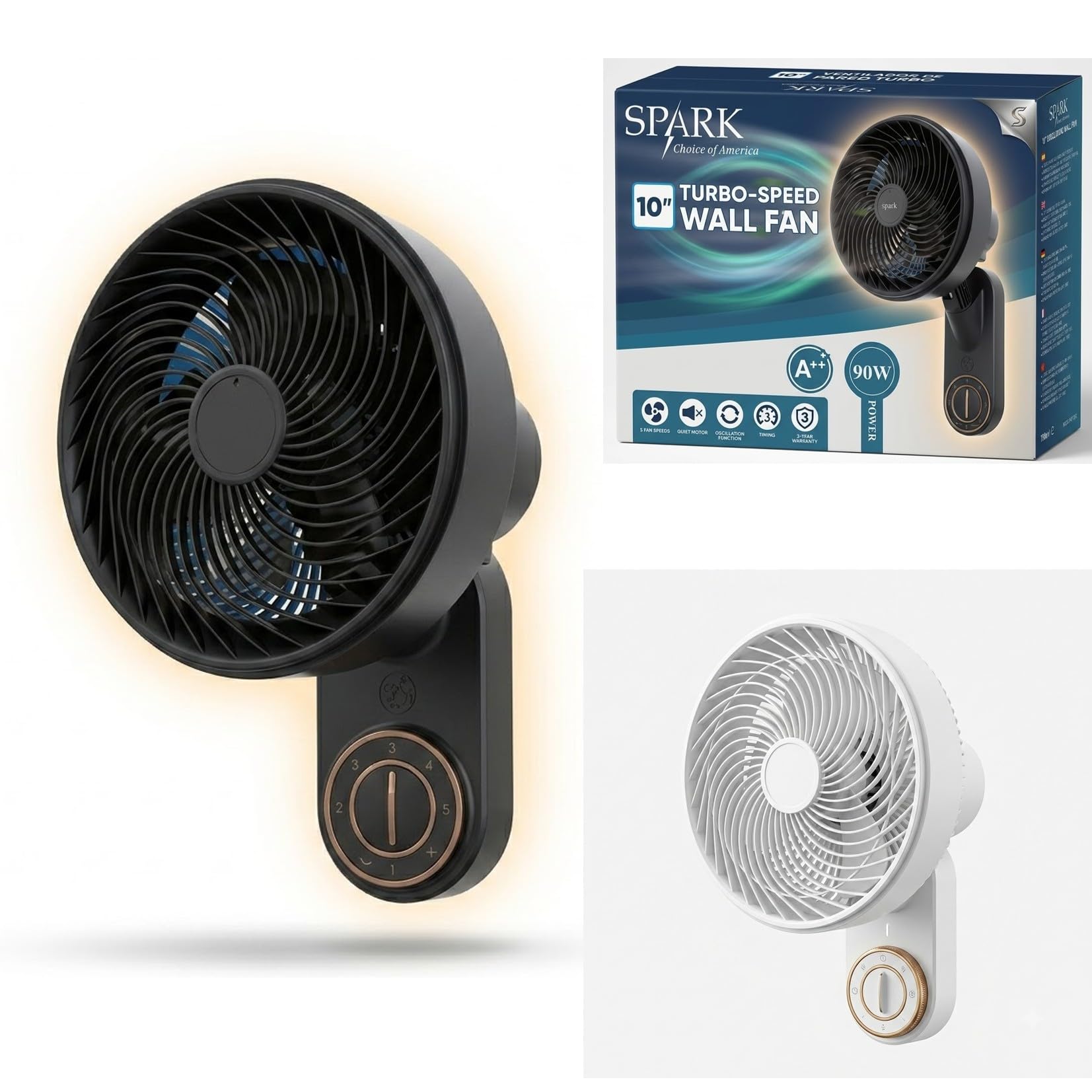 LoLek Spark Ventilador de Pared Turbo de 25,4 cm, 90W, 5 Velocidades, Motor Silencioso, Función Oscilante