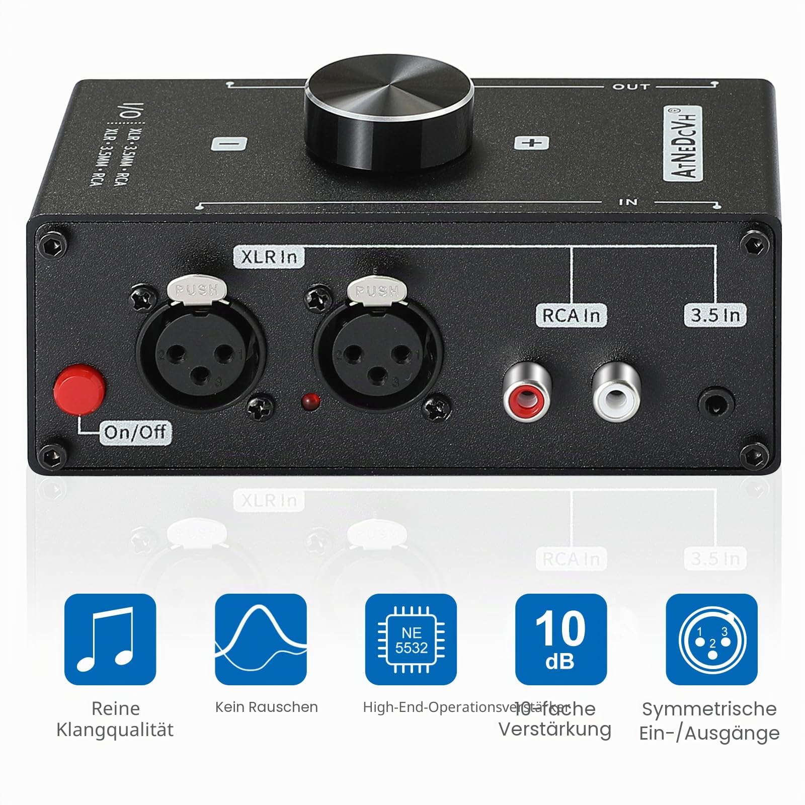 Stereo Audio Vorverstärker – XLR symmetrischer RCA 3,5mm Eingang auf XLR RCA 3,5mm Ausgang, Konverter Adapter Verstärker für Phono Plattenspieler Phonograph (Schwarz)