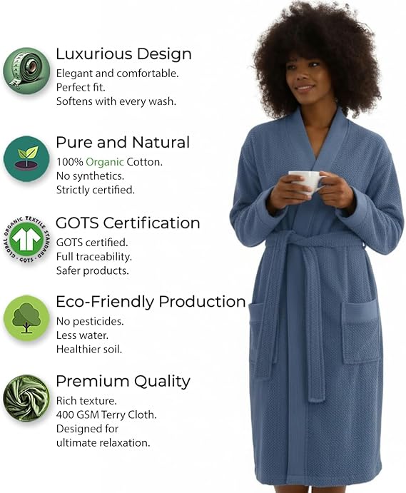 SEYANTE Women's Luxury Bathrobe - GOTS Certified Organic Turkish Cotton Terry Cloth Kimono Robe
