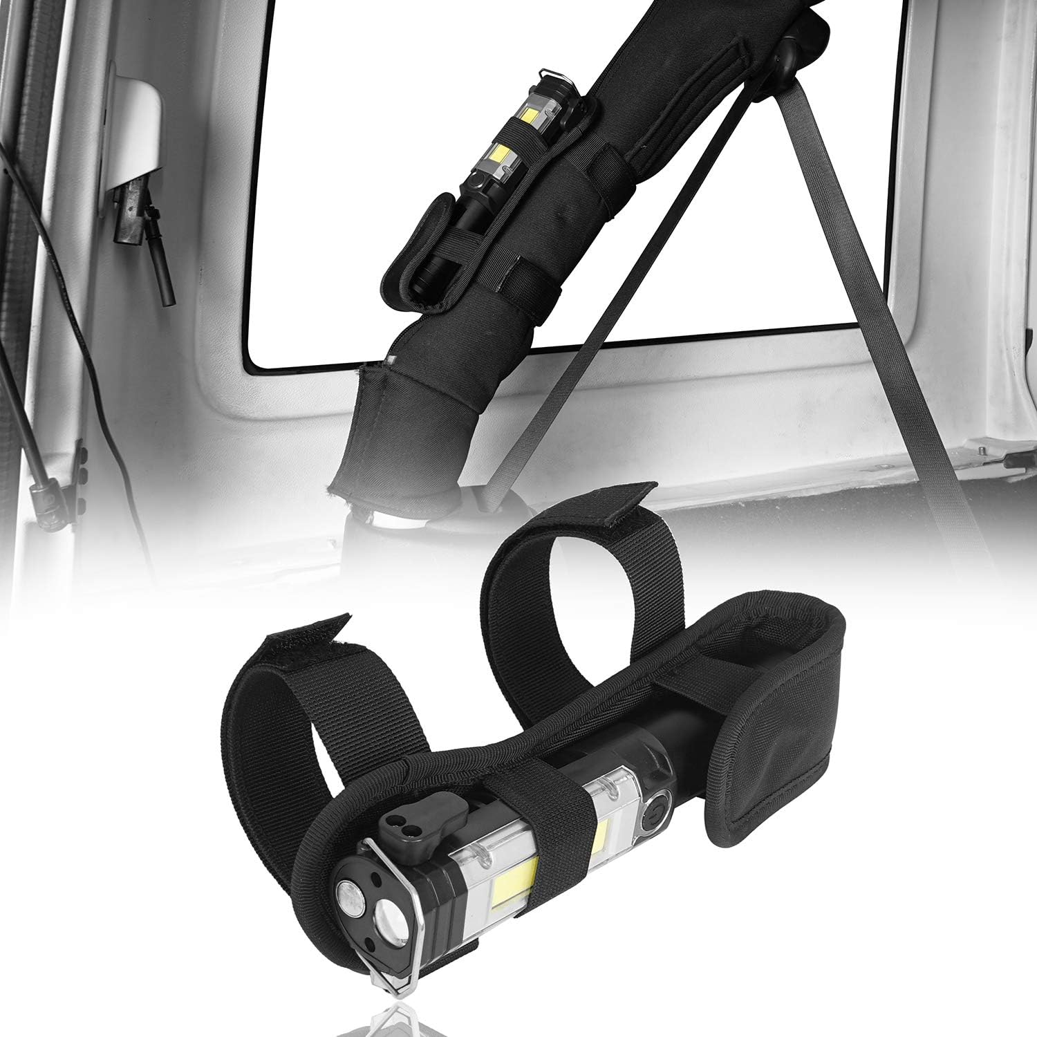 Hooke Road Wrangler Roll Bar Mount Flashlight Holder w/LED Emergency Flashlight for Jeep Wrangler 97-26 TJ JK JL