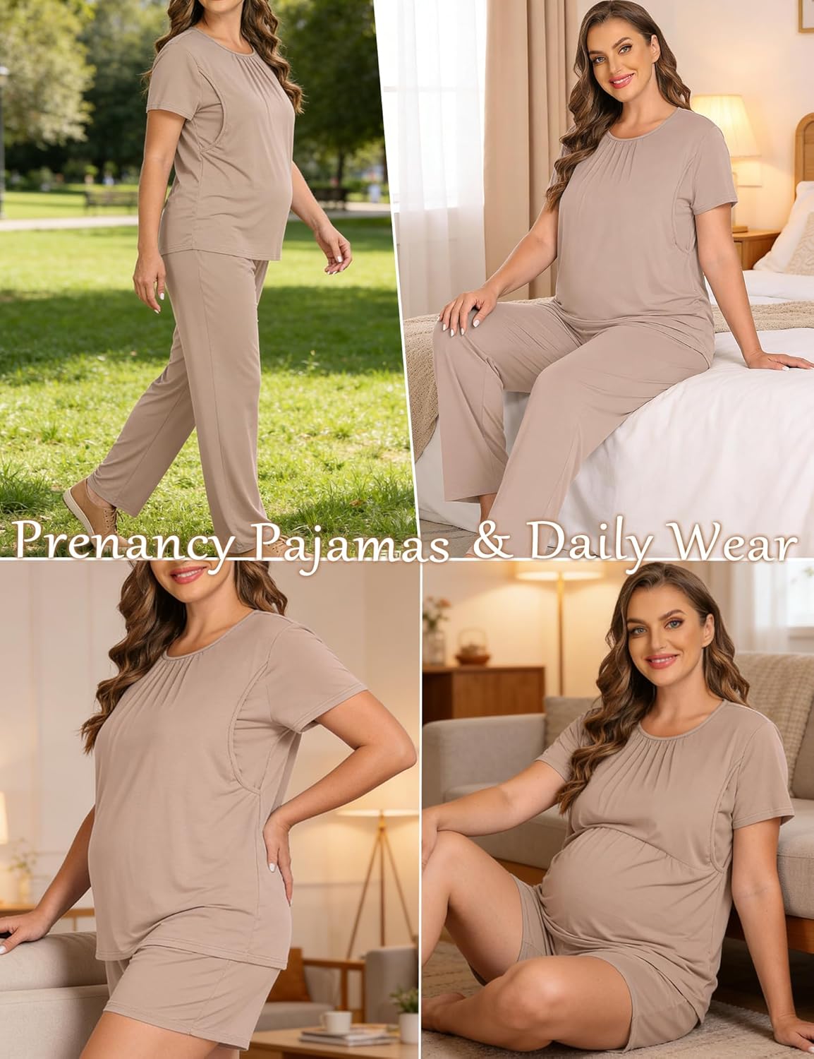 SWOMOG Women 3Pcs Maternity Pajama Set Nursing Pjs Pregnancy Set Breastfeeding Pjs Double Layer with Pockets