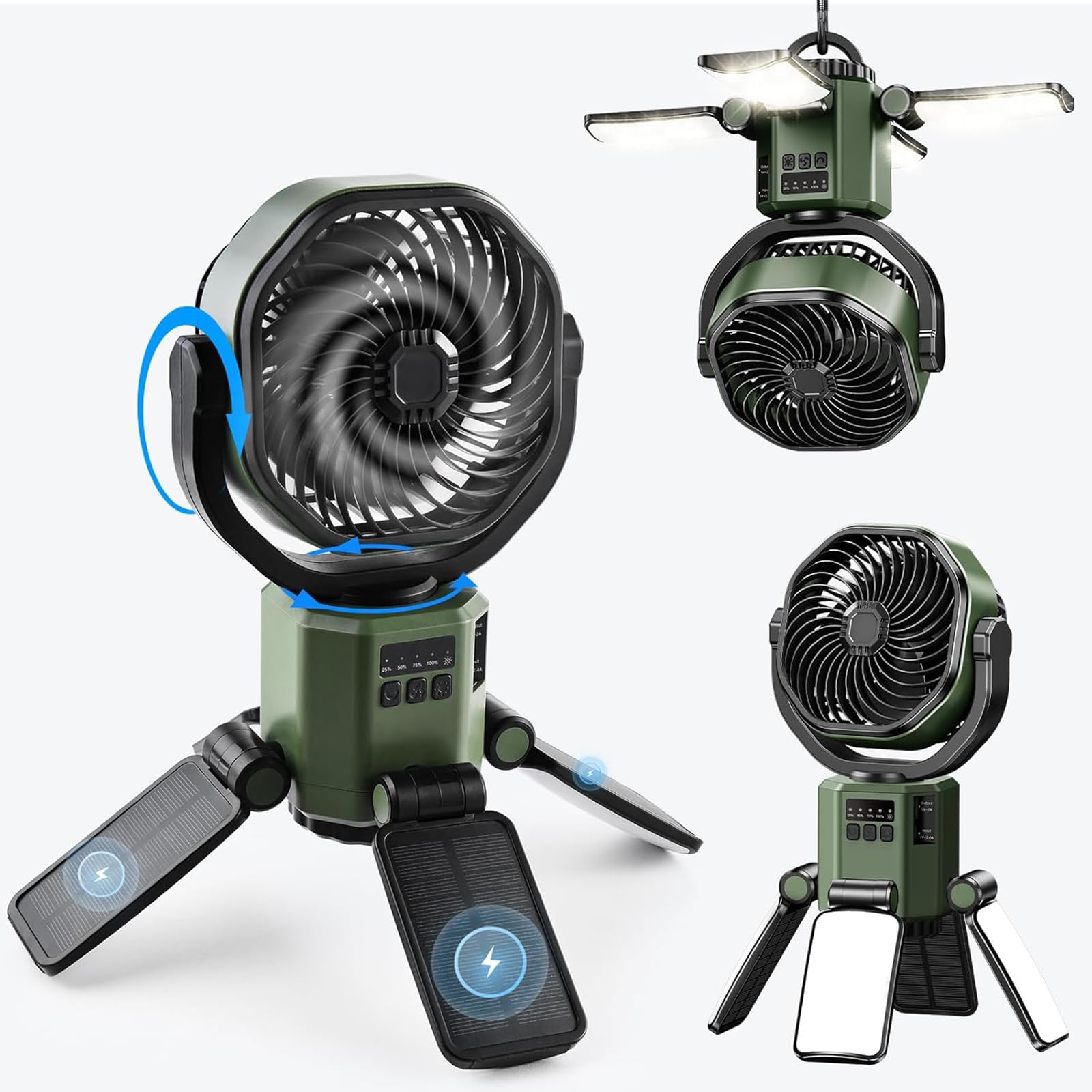 zenggp Rechargeable Fan, Portable Solar Hanging Fan With Light, For Camping Travel Tent, 6000mAh Battery|3-Way Lighting|4 Speeds, Quiet Oscillating Fan, With 4 Light Panals And Hooks(Green)