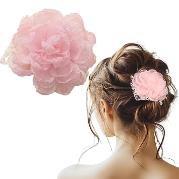 Large Bohemian Tulle Gauze Flower Hair Clips Fabric Ruffle Rose Floral Hair pins with White Lace Big Flower Duckbill Barrettes Accessories for Women Pink