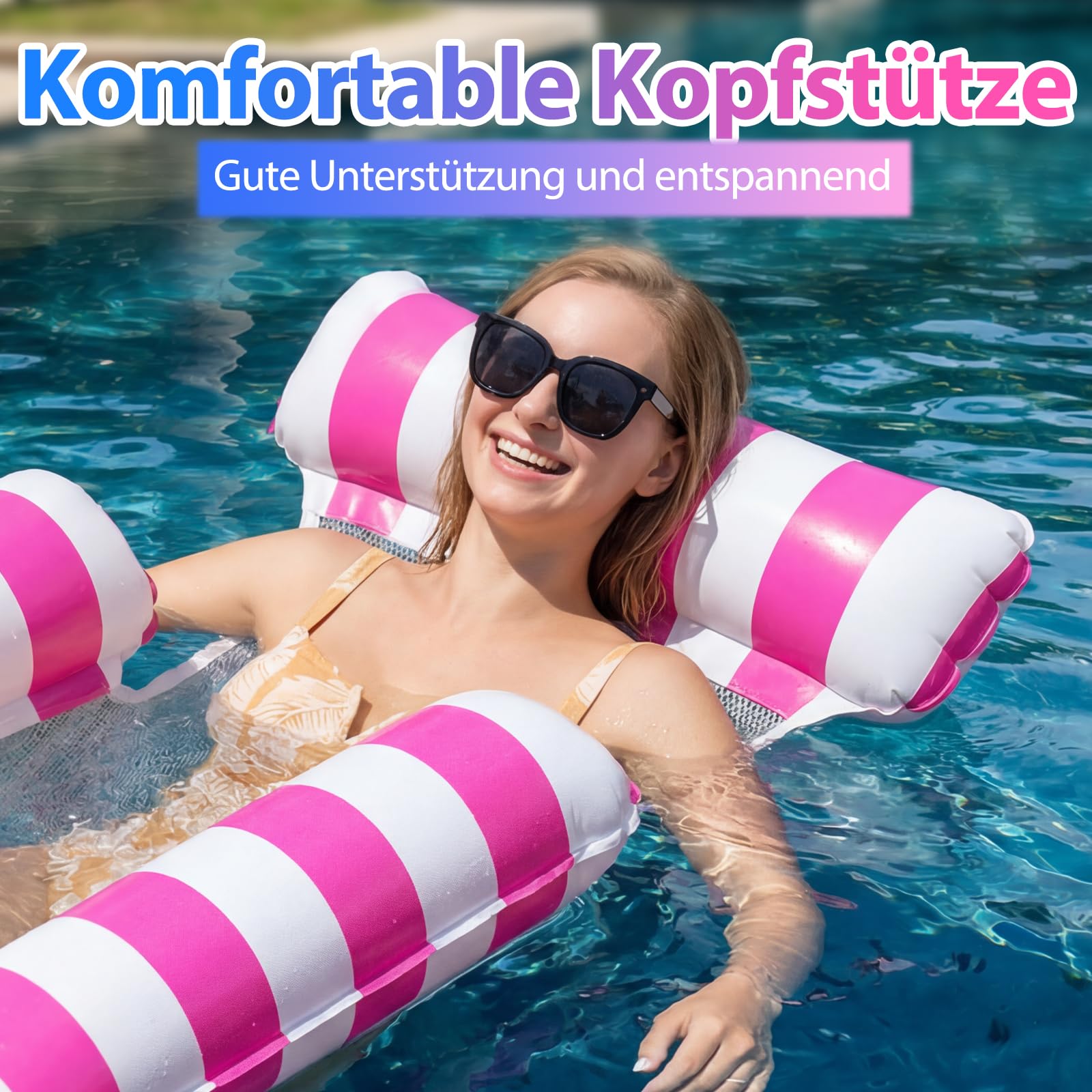 2 Stück Luftmatratze Wasser mit 1 Luftpump und 2 Getränkehalter，4 in 1 Wasserhängematte mit Netz Aufblasbare Schwimmsessel Wasser Matratze Pool Zubehör Liege Sofa Stuhl Sitz Erwachsene Kinder Stabil