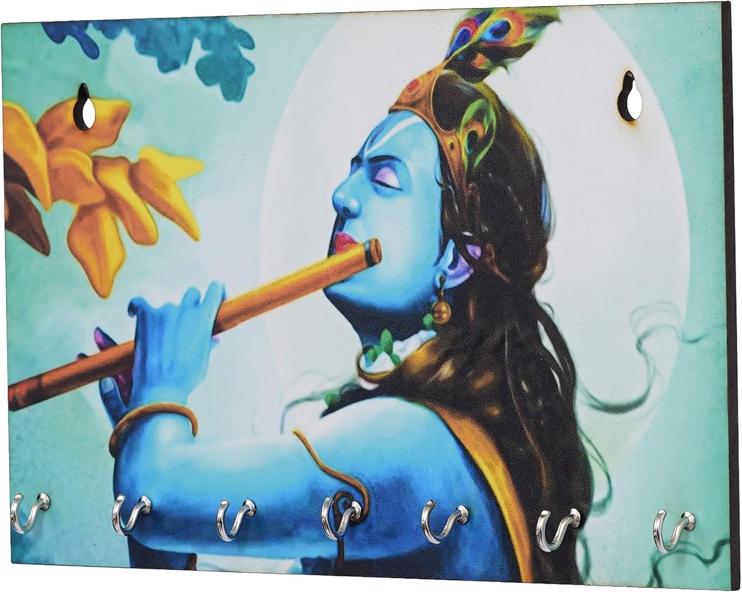 Webelkart Premium Printed Lord Krishna Playing Flute Painting Wooden Key Holder (30 cm x 16 cm x 0.4 cm, Multi)- 7 Hooks