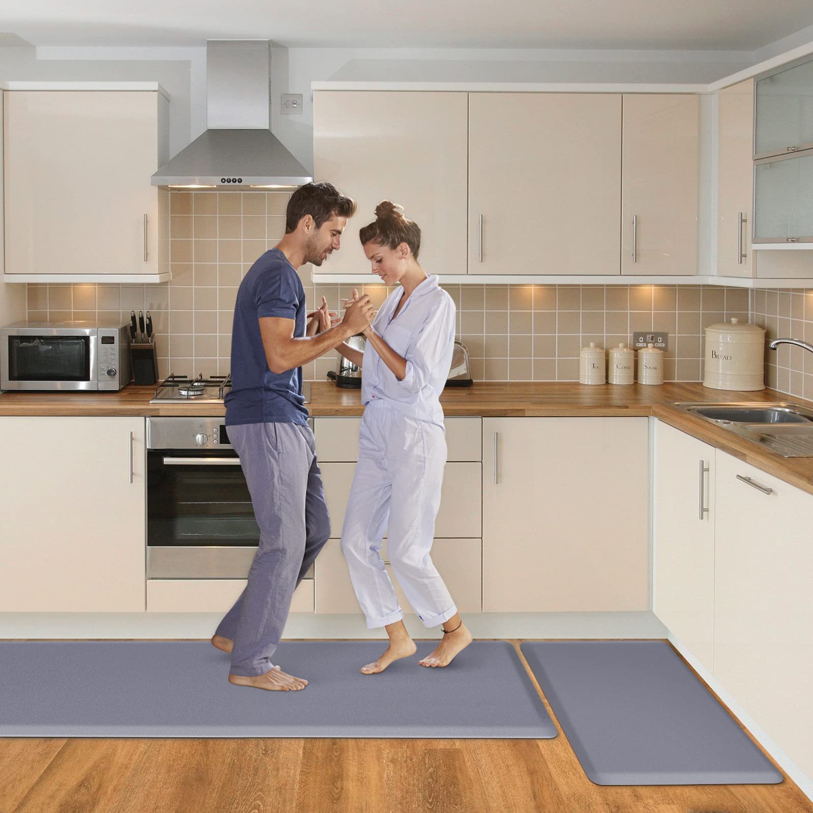 HappyTrends Tapis de Cuisine épais et Ergonomique en Mousse pour Cuisine, Maison, Bureau, buanderie (43,9 x 71,1 cm + 43,9 x 152,4 cm, Gris)