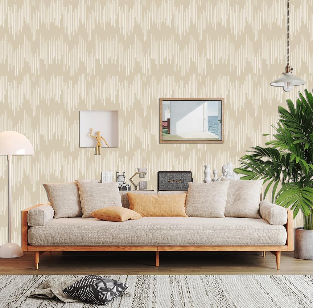 Modern Striped Peel and Stick Wallpaper, Beige and White Self Adhesive Wallpaper Waterproof and Oil-Proof Paper Home Decoration 44 cm x 600 cm (17.3" x 236")