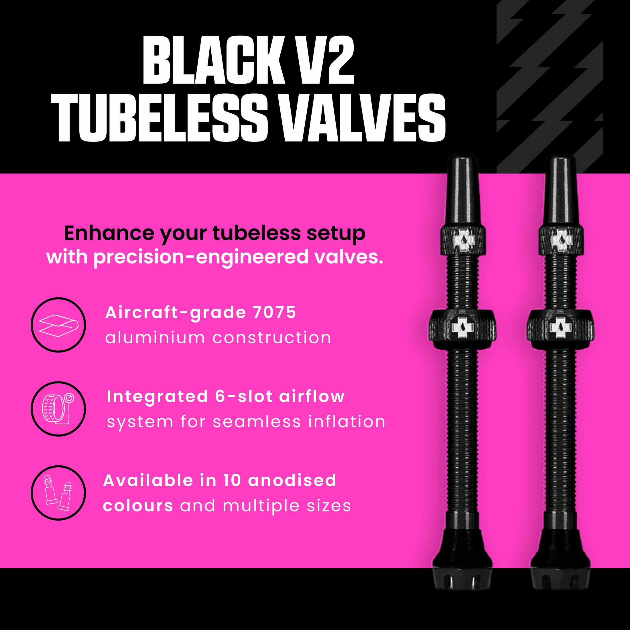 Muc-Off Valvole Presta Nere, 60 mm - Valvole Tubeless per Bici, con Strumento Smonta Valvola Incluso - di Alta Qualità e Senza Perdite