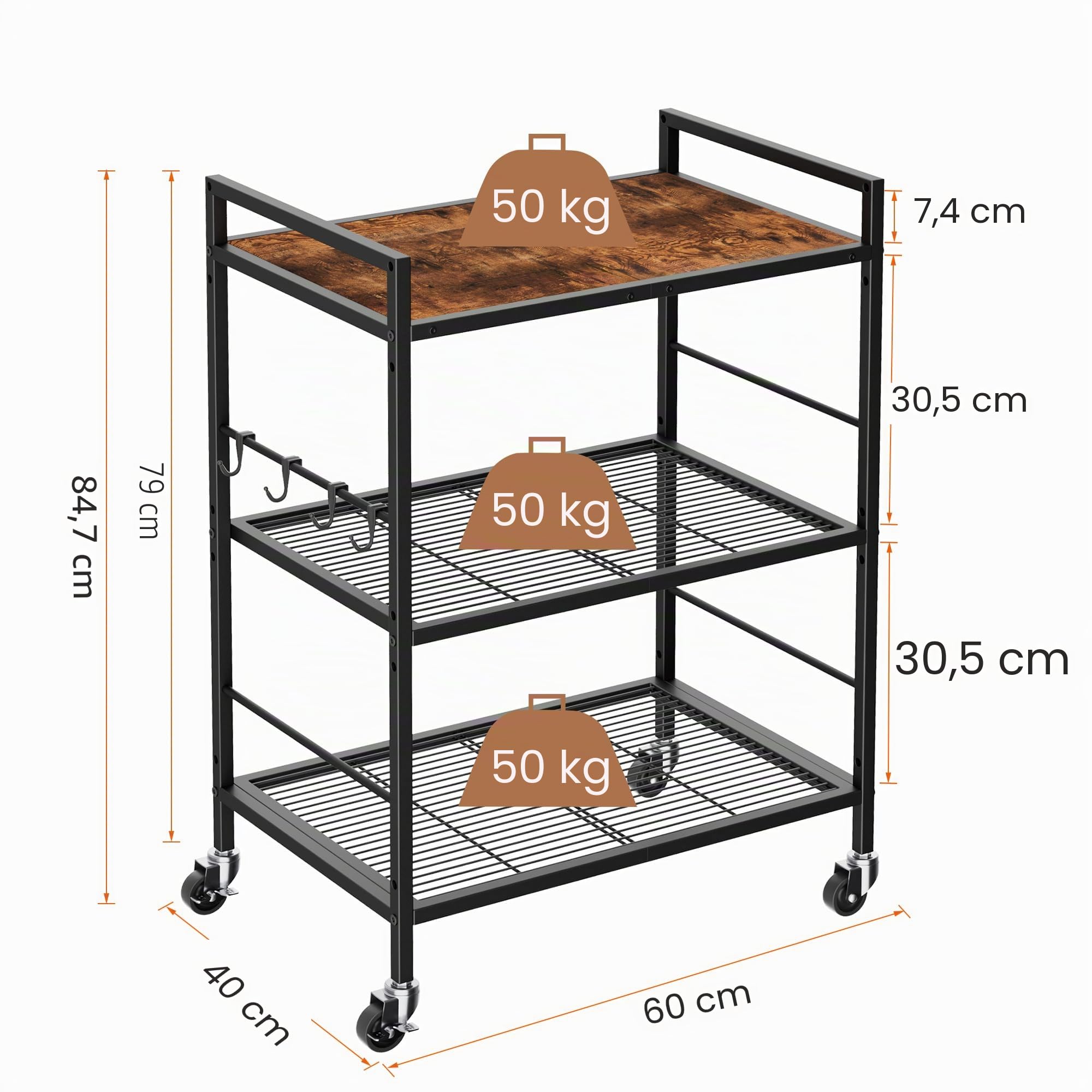 Desserte à roulettes Cuisine Rangement,Chariot de Cuisine (Cadre Noir + Panneau Marron, 3 Niveaux (40 x 60 x 84.7 cm)