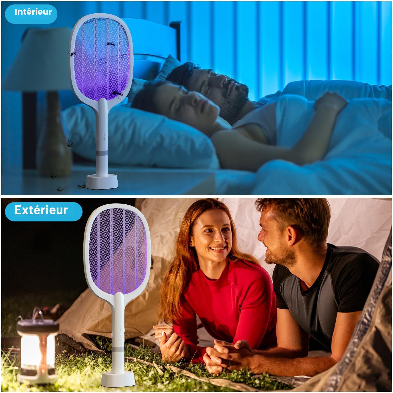 Raquette Electrique Insectes 5000V, 2000 mAh Raquette Moustique Electrique Raquette Anti Moustique Electrique UV Exterminator avec Base de Recharge, Efficace pour Intérieur Extérieur