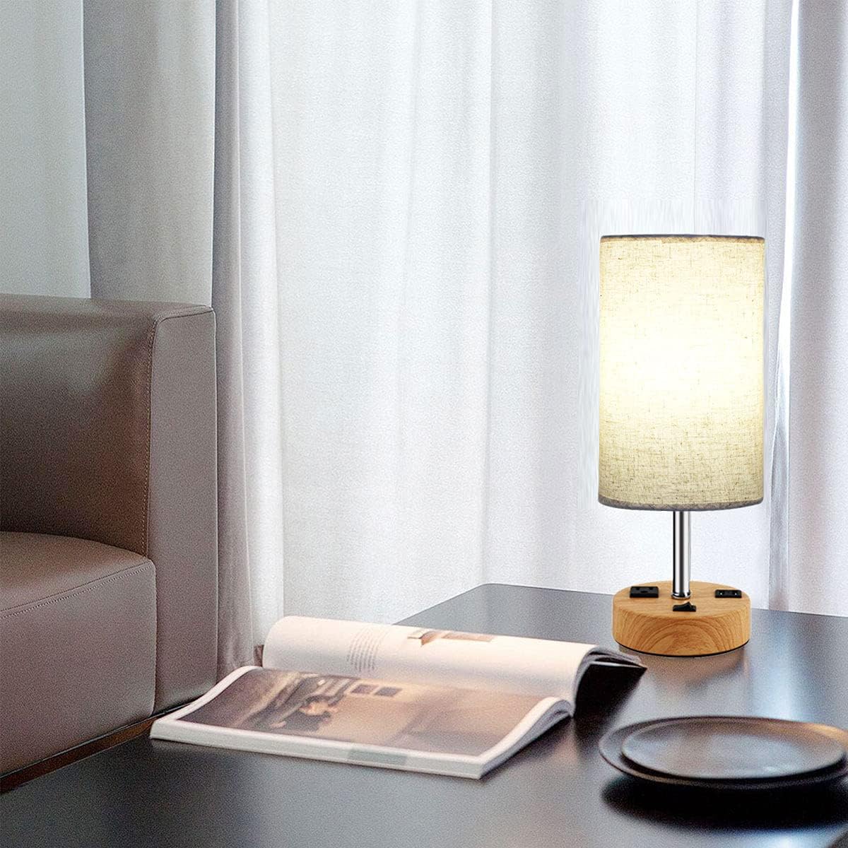 Jorunhe USB Table Lamp Set of 2, Nightstand Lamp with Dual USB Charging Port and Prong AC Outlet, Modern Desk Lamp with Linen Shade for Bedroom, Living Room, Study
