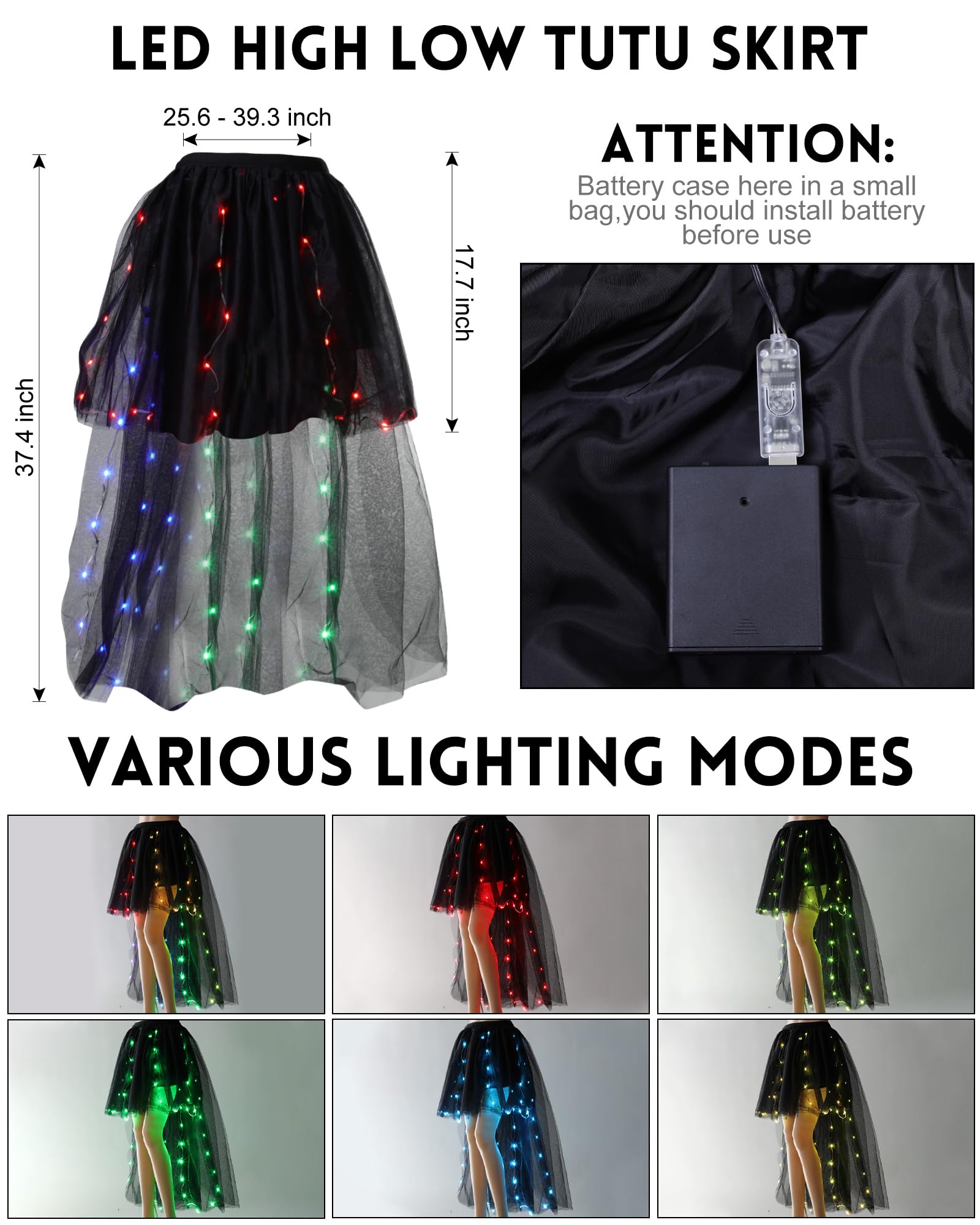 Toulite Halloween Light up Tutu Women's LED Skirt Glow in The Dark Tutu Dress for Women Costume Party High Low Tulle Skirt (Black)