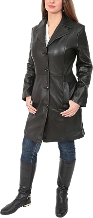 Ladies 3/4 Length Soft Leather Classic Long Single Breasted Coat Macey Black