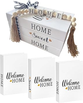 3 قطع من الكتب الزخرفية البيضاء Home Sweet Home مع إكليل من الخرز الخشبي وشريط من الخيوط، كتب مزيفة للديكور، قطعة مركزية لطاولة القهوة، ديكور رف غرفة المعيشة في المزرعة