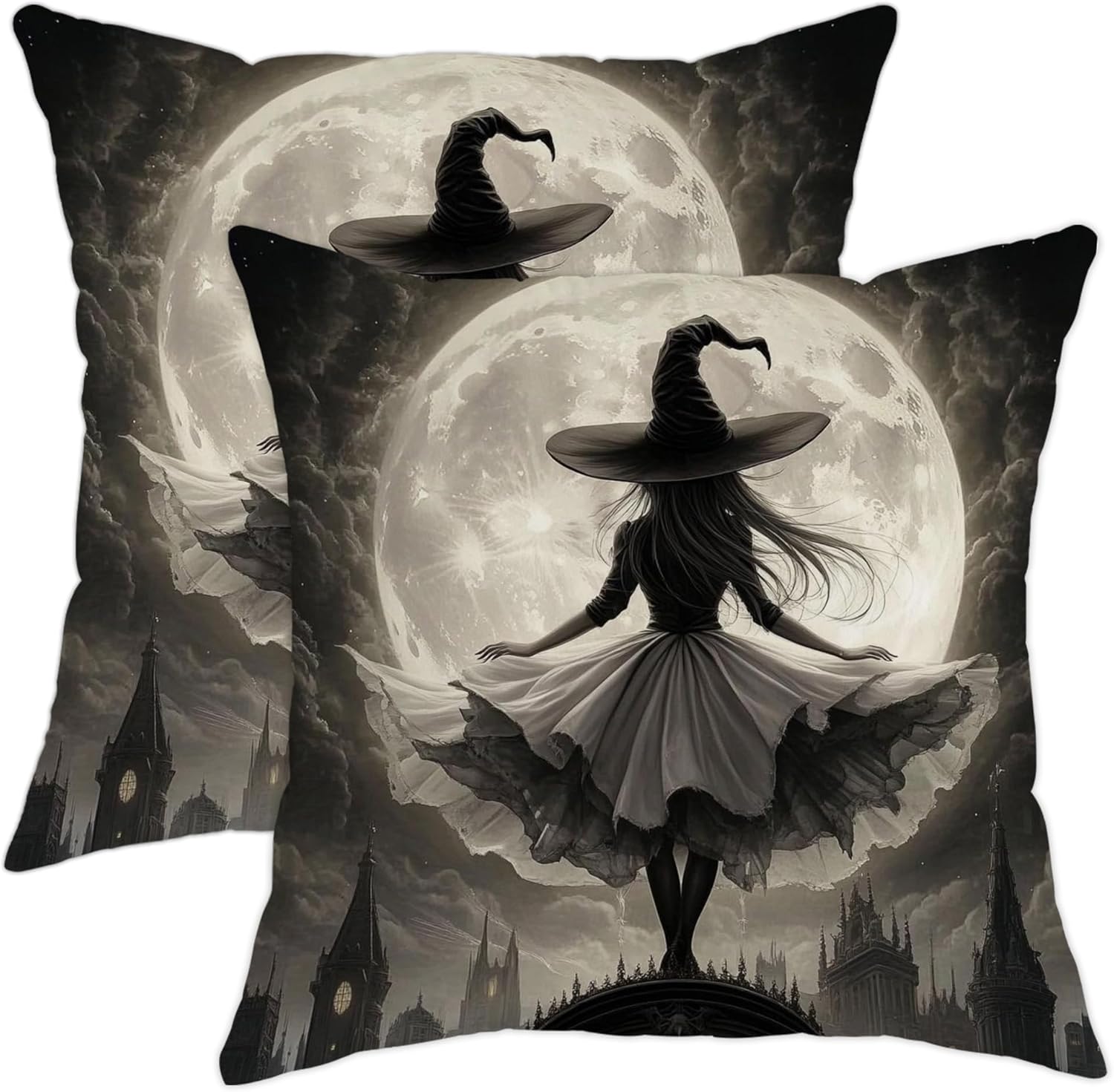 Moonlit Witch Throw Pillow Covers Set of 2, Black White Mystic Decorative Cushions, Halloween Night Home Sofa Bed Couch Accents Decor 26x26 Inch
