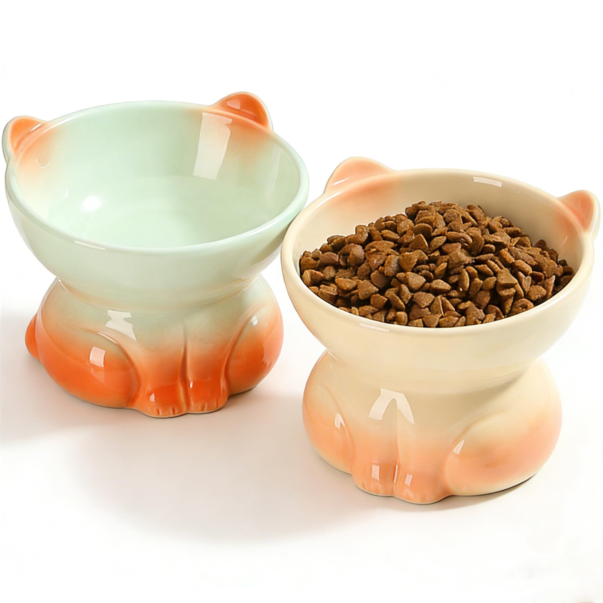 2 ciotole rialzate per cibo per gatti, ciotole per gatti rialzate in ceramica, ciotola protettiva per il collo, inclinata di 14°