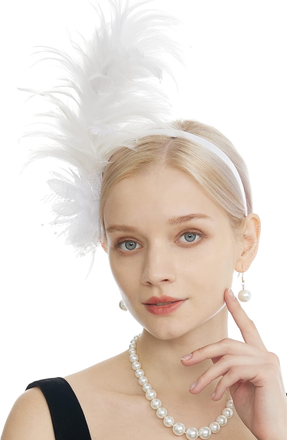 Vista 4 de LyMet Women's 1920s Feather Fascinator Headband, Tea Party Flower Headpiece Derby Hat for Cocktail Gatsby Wedding