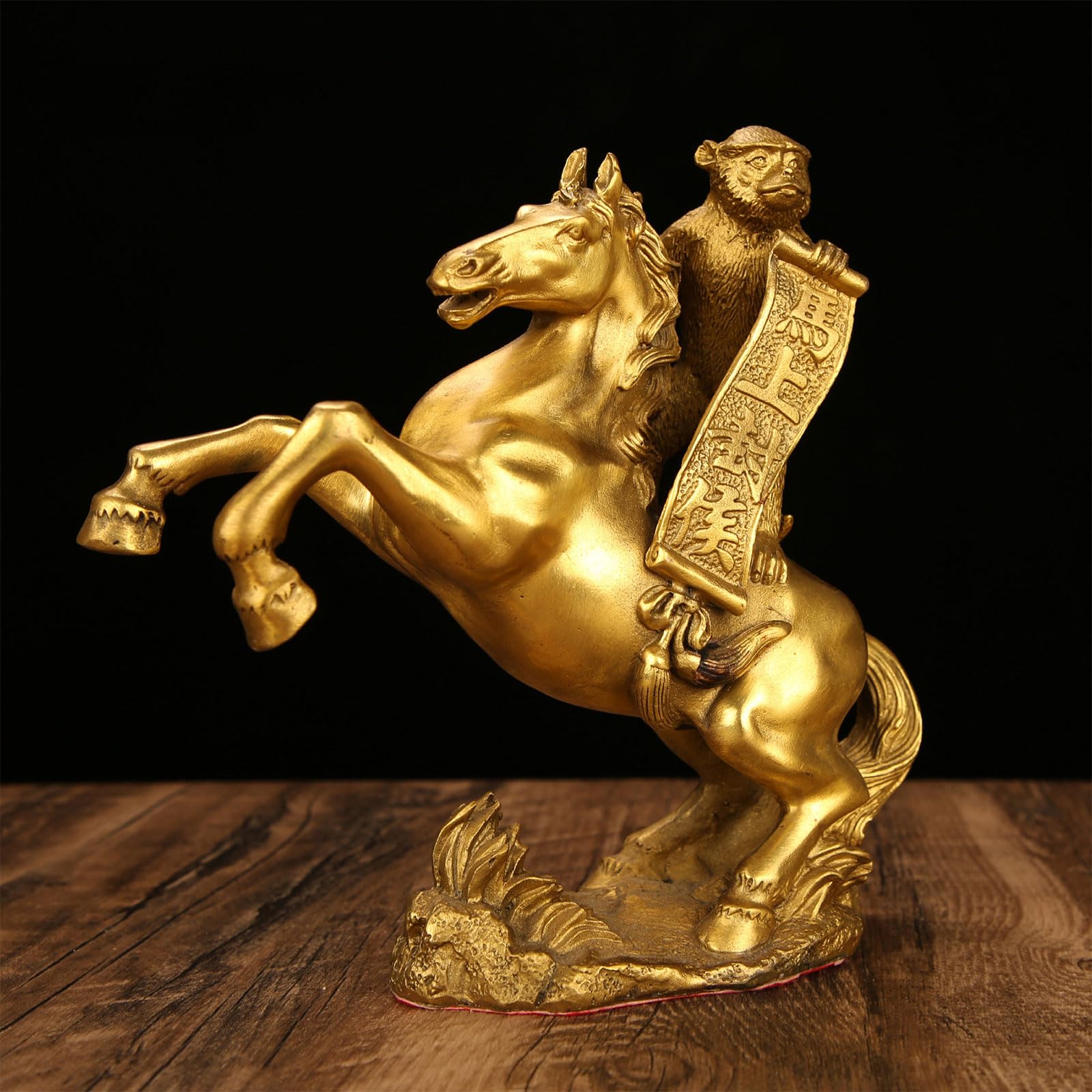 Chiński feng shui ręcznie robiony mosiądz małpa jeździectwo posąg konia chiński zodiak feng shui dekoracja dla sukcesu zawodowego, dekoracja biurka, dom i biznes błogosławieństwo prezent, 20,5