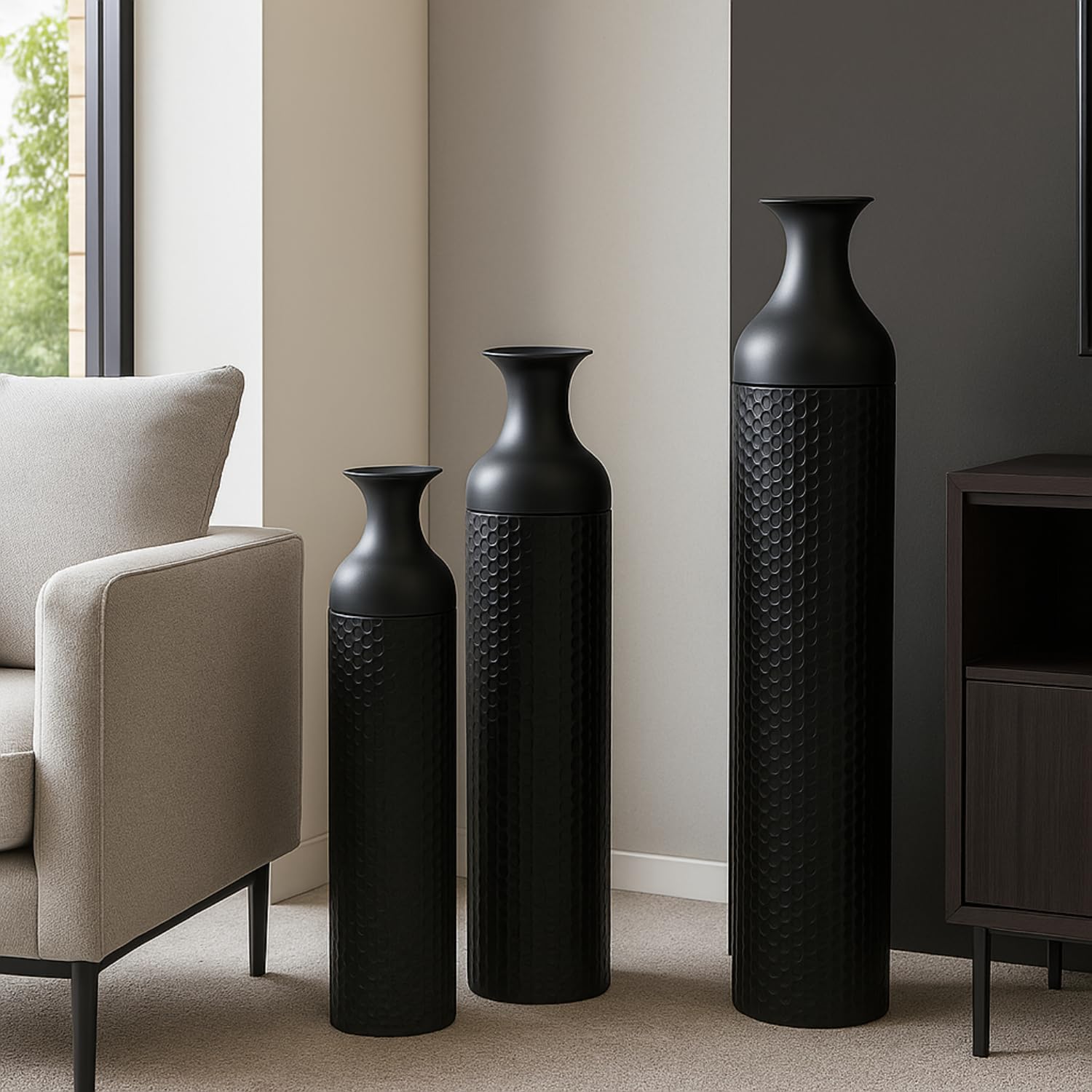 Tall Black Floor Vase Set of 3,Metal Floor Standing Vase & Modern Honeycomb Texture for Living Room Corner Office Home