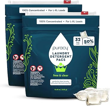 Puracy Laundry Detergent Pods with 2 Bio-Powered Enzymes, Free and Clear for Sensitive Skin, Non Toxic Richly Concentrated Washing Detergent Pods, 32 Ct Pack of 2