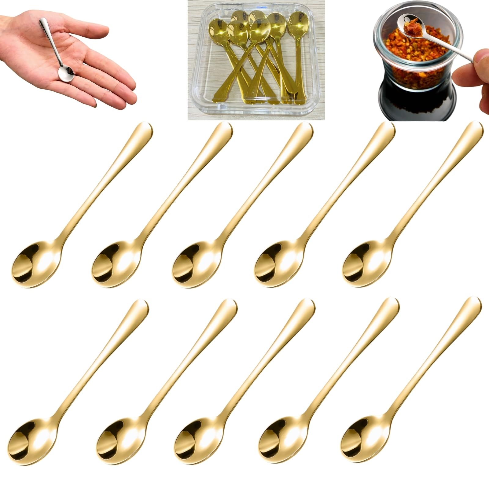 10 Pcs Mini Spoons For Spices 2.8 Inch Tiny Salt Spoons With Acrylic Box - 304 Stainless Steel Gold Small Coffee Dessert Spoons