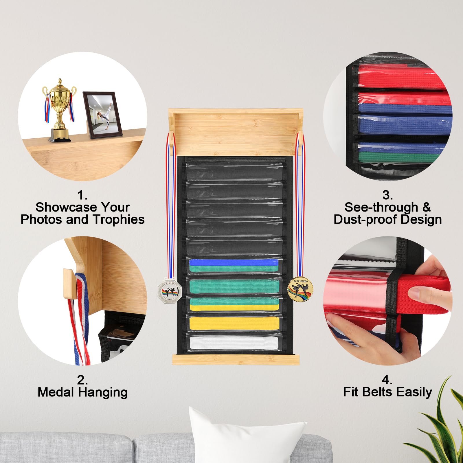 SUMNACON Support de ceinture d'arts martiaux avec porte-médailles, résistant à la poussière, pour taekwondo, karaté, porte-trophées, porte-médailles à suspendre pour apprenant Jiu Jitsu (sans