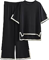 Tanming Women's 2-Piece Short Sleeve Knit Sweater Lounge Set with Wide Leg Pants - Soft Cozy Outfits