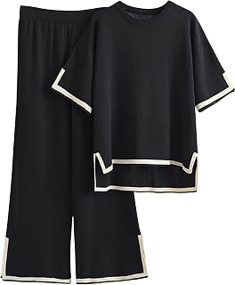 Tanming Women's 2-Piece Short Sleeve Knit Sweater Lounge Set with Wide Leg Pants - Soft Cozy Outfits