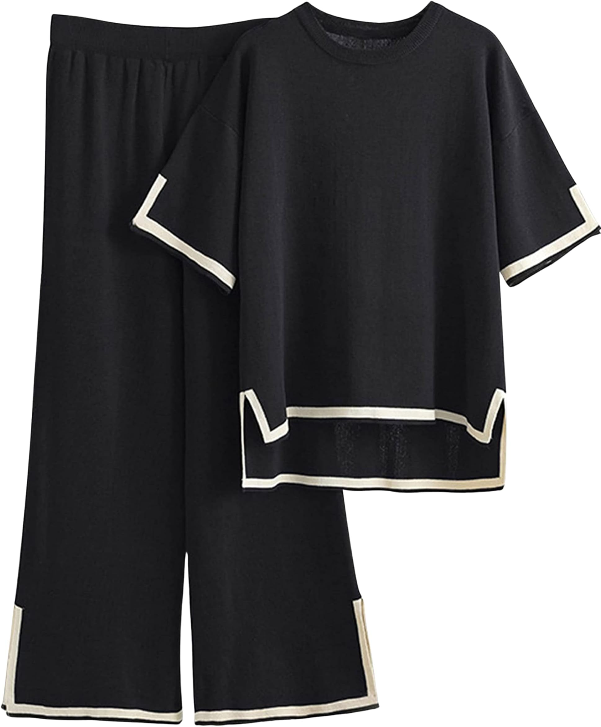 Sweater Sets Women 2 Piece Lounge Sets Short Sleeve Knit Pullover Tops Wide Leg Pants