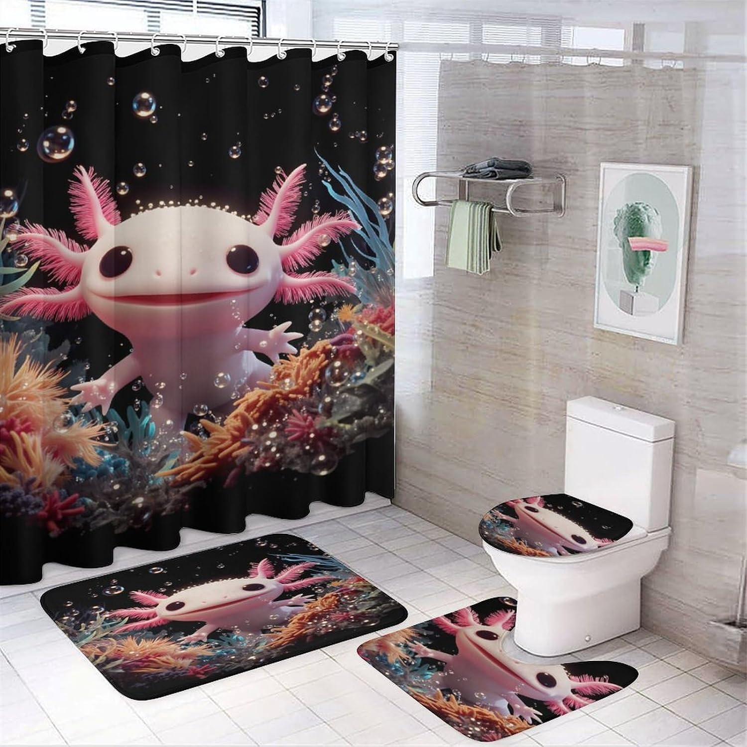 Cute Axolotl Sea Creature 4 PCS Bathroom Set with Shower Curtain Rugs, Ultra Soft Coral Fleece Bath Mat, U-Shaped Rug, Toilet Lid Cover, 72" X 72"