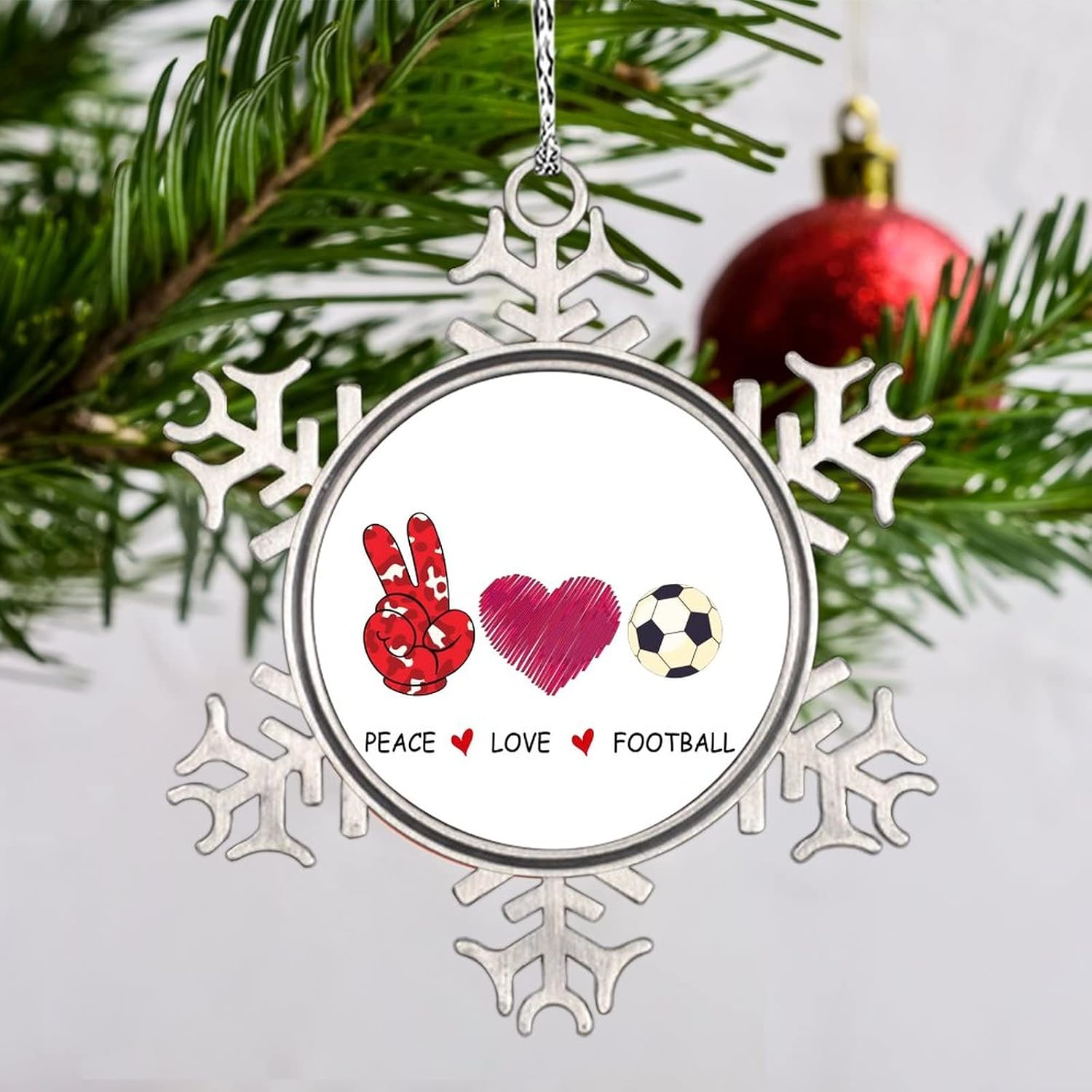 Peace Love Football Soccer Snowflake Ornaments Football Soccer Christmas Decorations for Tree Personalized Christmas Ornaments 2022 Funny Metal Souvenir Gifts for Anniversary Holiday Pendants