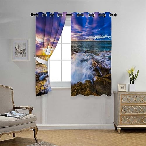 Miniatura 3 de Cortinas para Habitacion Blackout Sea and Sky Landscape Glass Door Curtain Cortinas para Separar Cuartos 55Inch Width by 55Inch Length,2 Panels
