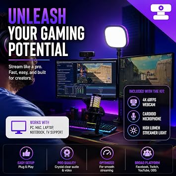 Live Video Streaming Kit (Deluxe)-for Video Call, Gaming, Podcast, YouTube, Content Creation- Includes 2k 60 FPS Webcam, Professional Cardioid Microphone, and LED Flat Light for Android/MAC/Windows