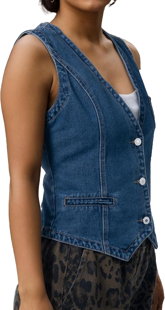 Ladyful Women's Denim Vest Top Sleeveless V Neck Jean Top Button Down Denim Waistcoat Vest