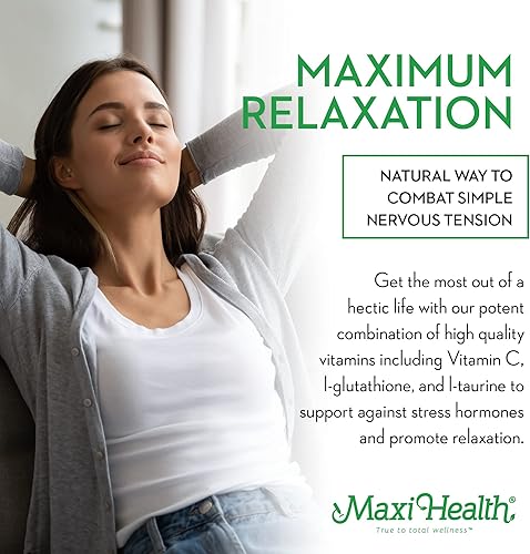 Miniatura 4 de Maxi Health - Relax to The Max Stress Relief Formula (60 unidades) Cápsulas con vitamina C, calcio, L-teanina, L-taurina y aminoácidos - Todos los