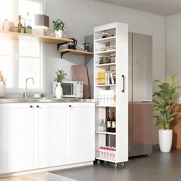 Slim Rolling Storage Cart, 7 Tier Kitchen Utility Cart on Wheels, Narrow Bathroom Storage Cabinet Mobile Shelving Unit Organizer for Narrow Places White