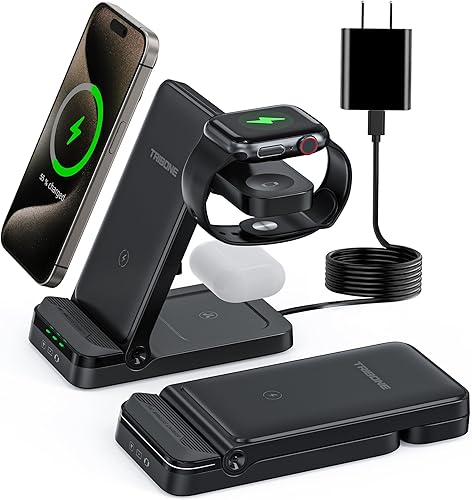 Tribone - Cargador inalámbrico 3 en 1, plegable, cargador rápido para iPhone 17, 16, 15, 14, 13, 12, 11, Pro Max, XR, XS, 8 Plus, para Apple Watch