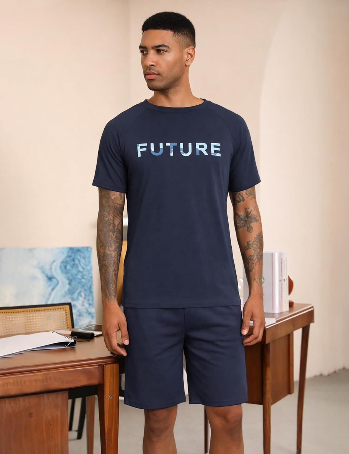 Sykooria Mens Pajamas Set Cotton Pajamas Shorts Set Short Sleeve Pjs Sets Soft Sleepwear S-XXL - Image 2